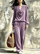 Load image into Gallery viewer, Women's Gold Velvet Cowl Neck Drop-Shoulder Top &amp; Wide-Leg Pants Set – 8 Colors
