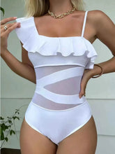 Load image into Gallery viewer, White Asymmetrical Ruffled : One-Piece Swimwear
