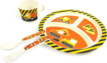 Load image into Gallery viewer, 🚧 Construction Trucks 4-Piece Kids Dinnerware Set – Eco-Friendly, Biodegradable Plant Fiber Plate, Cup, Fork &amp; Spoon – BPA-Free, Microwave &amp; Dishwasher Safe – Gift Boxed for Toddlers &amp; Boys

