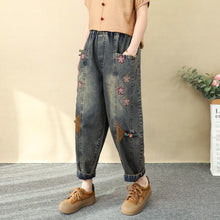 Load image into Gallery viewer, Patchwork Embroidered Cropped Harem Pants – Women's Wide Leg High Waist Denim
