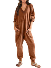 Load image into Gallery viewer, Women’s V-Neck Long Sleeve Solid Color Loose Jumpsuit With Two Side Pockets
