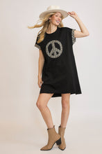 Load image into Gallery viewer, Peace Plaid Applique Short Sleeve Mini Dress For Women – Trendy Plaid Design, Unique Peace Applique, High-Low Hem for a Chic Look
