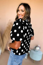 Load image into Gallery viewer, Black Polka Dot Print Smocked Notched Neck Balloon Sleeve Blouse
