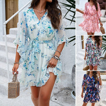 Load image into Gallery viewer, Summer Floral Print Short Sleeves Dress Lace Up Ruffles Design Fashion V-neck Short Dresses Womens Clothing
