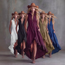 Load image into Gallery viewer, Lapel Collar Zip-Front Ruffle Hem Boho Dress
