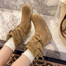 Load image into Gallery viewer, Suede Fringe Round Toe Boots with Block Heel
