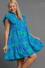 Load image into Gallery viewer, Blue Full Size Two-Tone Floral Print Ruffle Cap Sleeve Mini Dress Plus Size Elegant Dress
