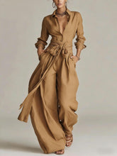 Load image into Gallery viewer, Women's Linen Long Sleeve Shirt &amp; High-Waist Wide-Leg Pants Set with Tie Belt

