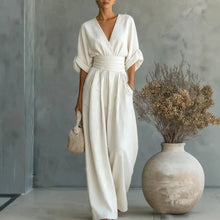 Load image into Gallery viewer, Women's V-Neck Wide-Leg Jumpsuit – High Waist Pleated Elegant
