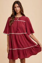Load image into Gallery viewer, Tassel Contrast Trim Tie Neck Half Sleeve Tiered Dress – Bohemian-Inspired Dress with Tassel Details, Adjustable Tie Neck, and Tiered Design for a Flowing, Feminine Silhouette
