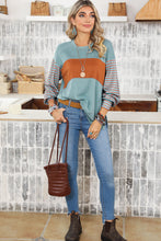 Load image into Gallery viewer, Green Color block Striped Women's Top with Bishop Sleeves and Side Slits
