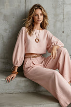 Load image into Gallery viewer, Women's Balloon Puff Sleeve Tie-Cuff Crop Top &amp; Pleated Wide-Leg Trousers Set
