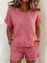 Load image into Gallery viewer, Women's Relaxed Cotton-Linen Cuffed Sleeve Top &amp; Shorts Two-Piece Set
