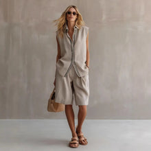 Load image into Gallery viewer, Women's Linen Shirt and Shorts Set – Sleeveless Summer Two-Piece

