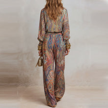 Load image into Gallery viewer, Women's Paisley Print Deep V Fringe Blouse &amp; Wide-Leg Palazzo Pants Set
