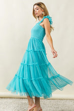 Load image into Gallery viewer, Frill Mesh Tiered Midi Dress For Women – Fluttering, Elegant, Romantic Frill Design with Mesh Details for a Feminine Silhouette
