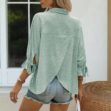 Load image into Gallery viewer, Women’s Striped V‑Neck Blouse with Ruffled Cuffs &amp; Tie‑Back Slit
