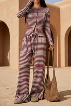 Load image into Gallery viewer, Women's Stripe Fitted Button-Front Crop Top &amp; Drawstring Wide-Leg Pants Set
