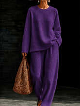 Load image into Gallery viewer, Women's Waffle Knit Oversized Crew-Neck Pullover &amp; Relaxed Wide-Leg Trouser Lounge Co-ord Set
