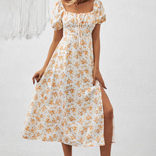 Load image into Gallery viewer, Square Neck Floral Print Dress With Puff Sleeves &amp; Side Slit Maxi Dress
