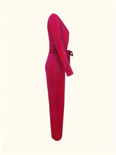 Load image into Gallery viewer, Women's Solid V-neck Bow Tie Waist Slimming Fashion Jumpsuit
