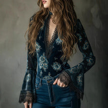 Load image into Gallery viewer, Women’s Retro Lace Panel V-Neck Blouse – Elegant Print Bell Sleeve Top for Spring &amp; Autumn Wear
