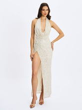 Load image into Gallery viewer, Niamh Golden Beaded Cowl Halter Backless Maxi Dress
