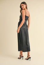 Load image into Gallery viewer, Embroidered Cami Satin Midi Slit Dress – Satin Dress, Sexy, Flattering, Embroidered Dress, Cami Style Dress, Midi Dress, Slit Detail Dress, Elegant Satin Dress

