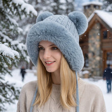 Load image into Gallery viewer, Triple Pom-Pom Fleece Knit Hat with Ear Straps
