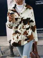 Load image into Gallery viewer, Trendy Black White Cozy Cow Print Collared Neck Button Up Fuzzy Jacket Modern &amp; Warm Outerwear
