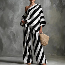 Load image into Gallery viewer, Women's Retro Striped Batwing Top &amp; Wide-Leg Pants Set – Vintage 2-Piece
