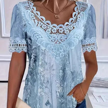Load image into Gallery viewer, Women's Lace Patchwork Crew Neck Short Sleeve T-Shirt
