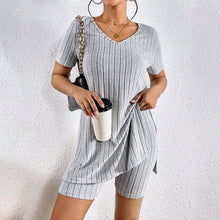 Load image into Gallery viewer, Women’s Ribbed Knit V‑Neck Tee &amp; Shorts Lounge Set
