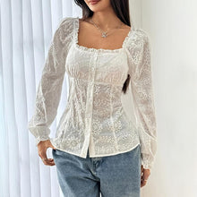 Load image into Gallery viewer, Women’s Square Neck Eyelet Lace Blouse – Puff Sleeve Hollow-Out Button Top
