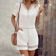 Load image into Gallery viewer, Boho Chic Lace Detail Outfit V-Neck Short Sleeve Summer Set
