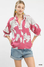 Load image into Gallery viewer, Umgee Peony Illustration Print Flounce Sleeve Blouse

