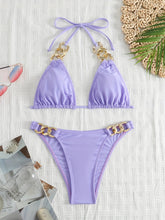Load image into Gallery viewer, Luxe Chain Link Triangle Halter Bikini Set – Chic V Neck 2 Piece Swimsuit with Lace-Up Tie Back High Stretch Nylon Blend and Sleek Solid Color Finish – Women's Elegant Swimwear for Summer Beach &amp; Pool Style
