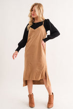 Load image into Gallery viewer, Faux Suede Cut Edge Slit Cami Midi Dress – Elegant Midi Dress, Faux Suede Dress, Chic Slit Dress, Sophisticated Dress, Versatile Cami Dress
