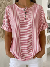 Load image into Gallery viewer, Women's Striped T-Shirt – V-Neck, Button Detail, Loose Fit
