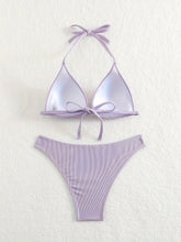 Load image into Gallery viewer, Bikini Rib Knit Solid Color Triangle 2 Piece Swimsuit for Women – Adjustable Tie Back Halter Bikini Set with Spaghetti Straps – High Stretch Polyester Swimwear for Summer Beachwear Poolside Relaxation and Tropical Vacation
