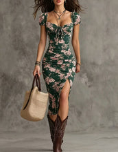 Load image into Gallery viewer, Women's Vintage Puff-Sleeve High-Waist Split Maxi Dress
