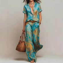 Load image into Gallery viewer, Women's Marble Swirl Print Satin-Look Short Sleeve Shirt &amp; Wide-Leg Pants Resort Set

