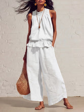 Load image into Gallery viewer, Women's Smocked Neckline Ruffle Hem Linen Tank &amp; Wide-Leg Cropped Pants Set
