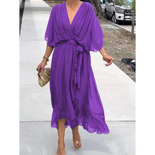 Load image into Gallery viewer, Batwing Sleeve V-Neck Midi Dress – Tied Irregular Hem Fairy Dress

