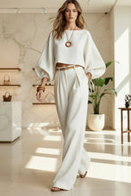 Load image into Gallery viewer, Women's Balloon Puff Sleeve Tie-Cuff Crop Top &amp; Pleated Wide-Leg Trousers Set
