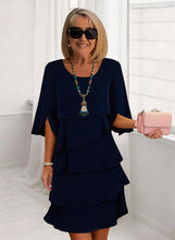 Load image into Gallery viewer, Patchwork Cake Midi Dress – Round Neck Short Sleeve Tiered Skirt
