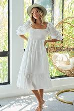 Load image into Gallery viewer, New Summer Dot Flounce Sleeve Smocked Tiered Midi Dress – Fluttering, Charming Swiss Dot Dress with Flounce Sleeves, Smocked Waist, and Tiered Design
