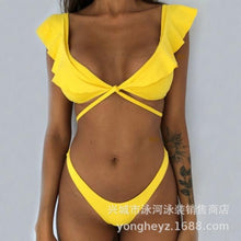 Load image into Gallery viewer, Beach Bikini Woman Lace Up Tie Strapless Leopard Swimsuit  Women's Halter Bikini V Cut Bottom Lace Up Two Piece Swimsuits Female Push Up Ruffled Bow Bathing Suit Thong Swimwear
