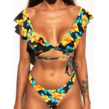 Load image into Gallery viewer, Beach Bikini Woman Lace Up Tie Strapless Leopard Swimsuit  Women's Halter Bikini V Cut Bottom Lace Up Two Piece Swimsuits Female Push Up Ruffled Bow Bathing Suit Thong Swimwear
