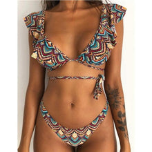 Load image into Gallery viewer, Beach Bikini Woman Lace Up Tie Strapless Leopard Swimsuit  Women's Halter Bikini V Cut Bottom Lace Up Two Piece Swimsuits Female Push Up Ruffled Bow Bathing Suit Thong Swimwear
